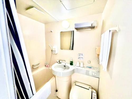 La petite salle de bains est pourvue d'un lavabo et de toilettes. dans l'établissement Hotel Happy Holiday Ishigakijima - Vacation STAY 04127v, à Ishigaki
