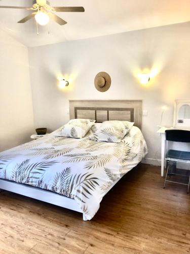 - une chambre avec un lit et un ventilateur de plafond dans l'établissement Chambre chez l’habitant, à Anglet