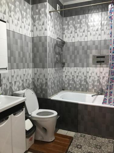 ein Badezimmer mit einem WC und einer Badewanne in der Unterkunft Квартира in Almaty