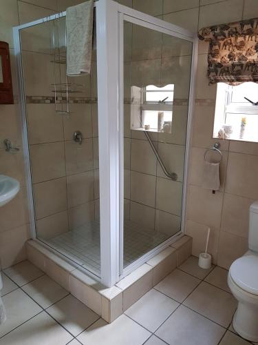 a shower with a glass door in a bathroom at Bethel B&B / Selfcatering in George