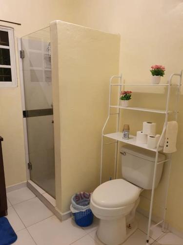 a bathroom with a white toilet and a shower at Villa Privada con Piscina a Minutos del Aeropuerto de Santo Domingo in Boca Chica
