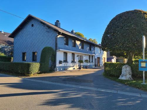 um edifício azul e branco ao lado de uma rua em Haus Päsch nahe See mit beheiztem Whirlpool/Sauna em Bütgenbach