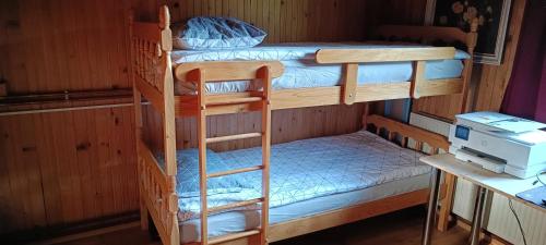 two bunk beds in a room with a desk at House Apartma Čebela with jacuzzi in Gozd Martuljek