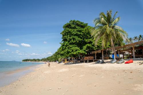 a beach with a palm tree and the ocean at Isara Lanta Beach Resort in Ko Lanta