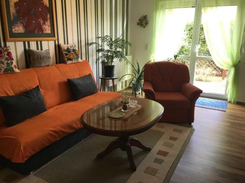 Ferienwohnung "Am Habichtsberg" : أريكة برتقالية وطاولة قهوة في غرفة المعيشة
