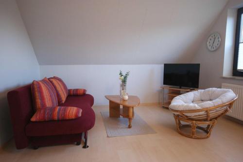 a living room with a couch and a chair and a tv at Ferienwohnung Waldsiedlung in Mühl Rosin
