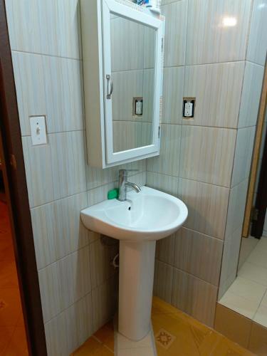 a bathroom with a sink and a mirror at Maburo sea breeze suites in Majuro