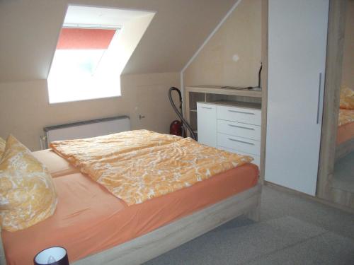 1 dormitorio con 1 cama y tragaluz en Ferienhof Augustenruh, 