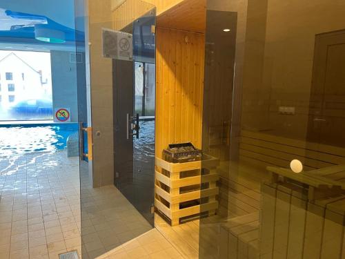 y baño con ducha y puerta de cristal. en Apartament Monte Ślęża & Spa, en Sobótka