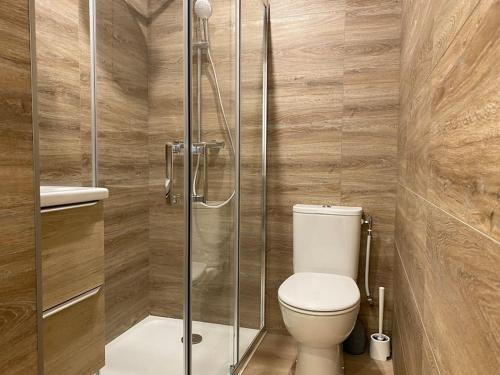 une salle de bain avec toilettes et douche en verre dans l'établissement 23m2 climatisé avec Parking privé secteur Roosevelt - Arena, à Reims