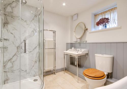 a bathroom with a shower and a toilet and a sink at South Cottage in Antingham