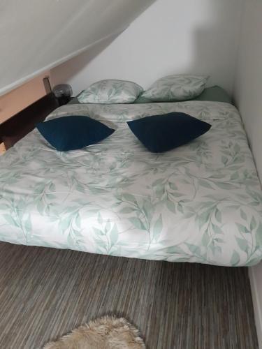 ein Bett mit drei Kissen und einem Teppich in der Unterkunft appartement city 2 d'Amiens in Amiens