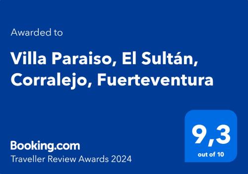 Certifikát, hodnocení, plakát nebo jiný dokument vystavený v ubytování Villa Paraiso, El Sultán, Corralejo, Fuerteventura