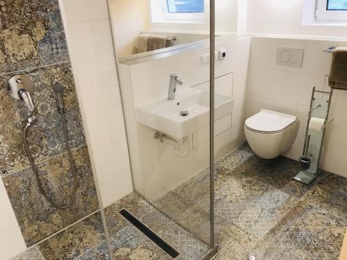 a bathroom with a shower and a toilet and a sink at Living the Green in Friedrichsdorf