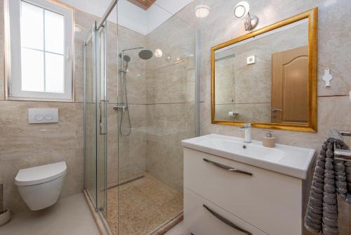 a bathroom with a shower and a toilet and a sink at Luxury Villa Agape Palm Beach Tennisplatz in Privlaka