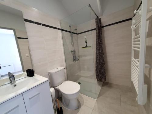 uma casa de banho branca com um WC e um chuveiro em Ax-les-Thermes Location appartement T2 38m2 em Ax-les-Thermes