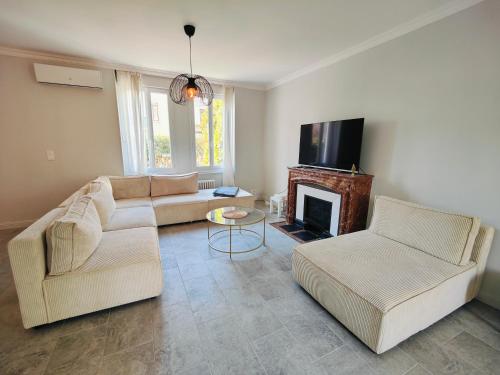 a living room with two couches and a fireplace at Self-checkin house - Private rooms to rent in a beautiful town house - Not a hotel - Shared facilities - Extra fee for sheets and towels - Private parking - Check your plateform inbox and follow check-in instructions - Chambres privées - Arrivée autonome in Saint-Romain-en-Gal