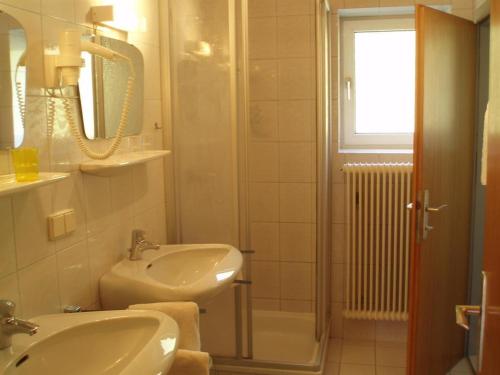 ein Bad mit einem Waschbecken und einer Dusche in der Unterkunft Tischnerhof Appartements in Bad Kleinkirchheim