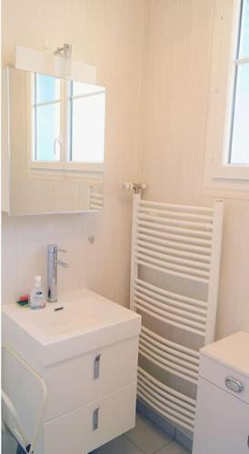 une salle de bain blanche avec un lavabo et une douche dans l'établissement la charmante maison d'antan, à Thorigny-sur-Marne