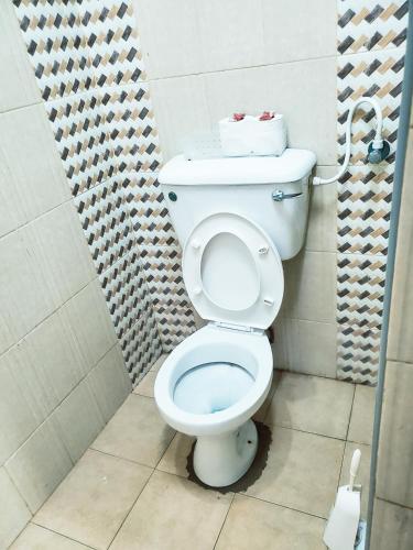 ein Badezimmer mit einem weißen WC in einer Kabine in der Unterkunft Cathys Studio Apartment in Mombasa