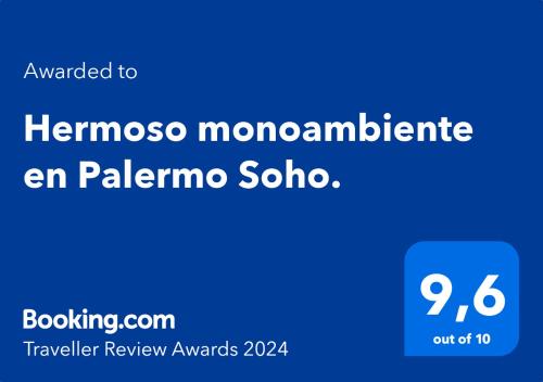 תעודה, פרס, שלט או מסמך אחר המוצג ב-Hermoso monoambiente en Palermo Soho.