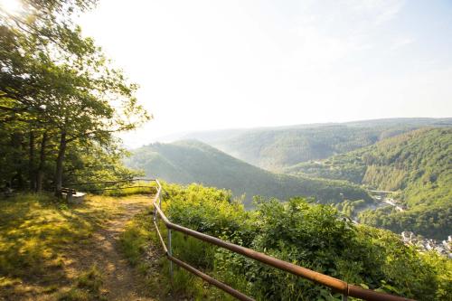 a railing on a hill with a view of a valley at Haus Alleegarten in Bad Bertrich