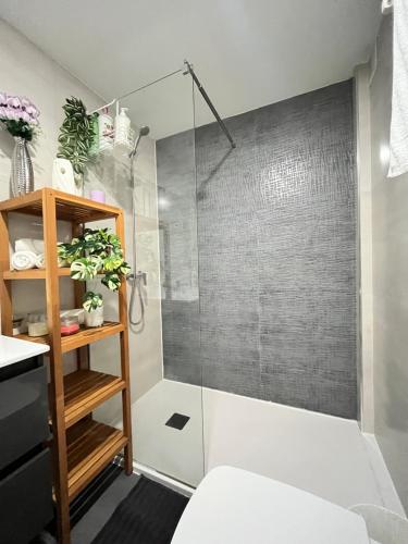 La salle de bains est pourvue d'une douche avec une porte en verre. dans l'établissement Habitación Atocha Mendez, à Madrid