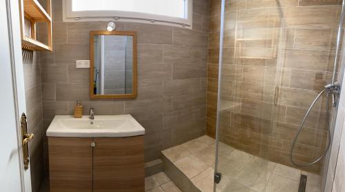 La salle de bains est pourvue d'un lavabo et d'une douche. dans l'établissement 3 chambres avec vue dégagée au calme proche Paris et aéroport - parking, au Bourget