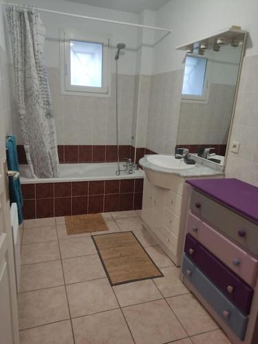une salle de bain avec une baignoire, un lavabo et un miroir dans l'établissement Joli appartement dans quartier calme de Perpignan, à Perpignan