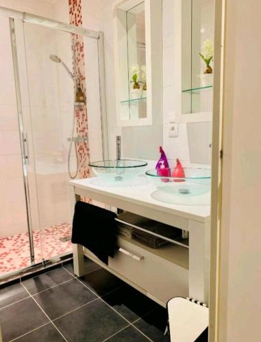 une salle de bain avec un lavabo et une douche dans l'établissement Escal Evasion, à Auzances