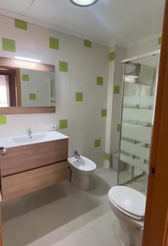 y baño con aseo y lavamanos. en Excelente apartamento en Benimaclet, en Valencia