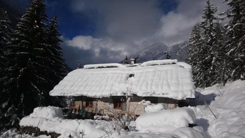 une maison recouverte de neige avec des arbres et des montagnes dans l'établissement Wild flower cottage in Trenta, à Trenta