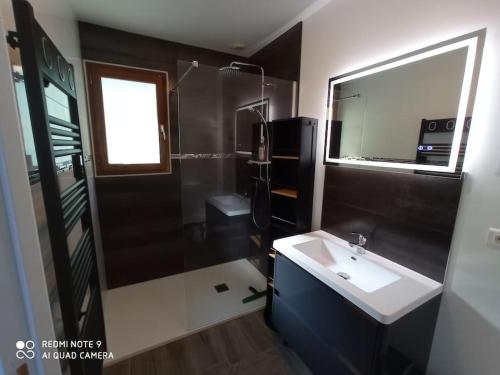 une salle de bain avec un lavabo et un miroir dans l'établissement Maison*Piscine*3 kms de Sarlat, à Proissans