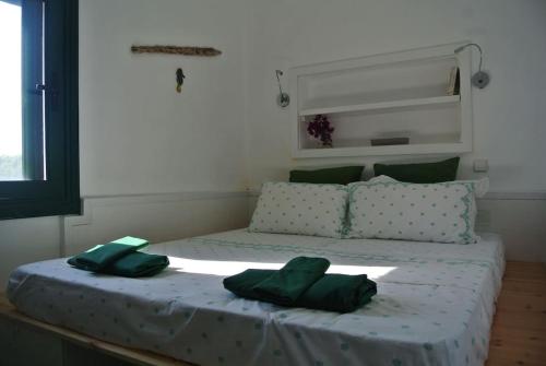a bed with two green pillows on top of it at Charming Cottage on the sea turtle beach in Apolakkiá