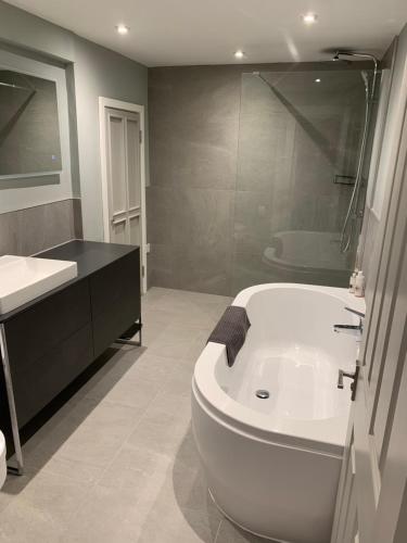 a bathroom with a white tub and a sink and a shower at Beautiful city centre apartment. in Salisbury