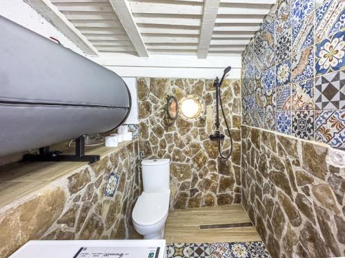 a bathroom with a toilet and a stone wall at Villa Lisinj apartments in Dapčevići
