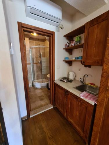 Il comprend une petite cuisine avec un évier et une douche. dans l'établissement Skver Studio Apartments, à Herceg-Novi