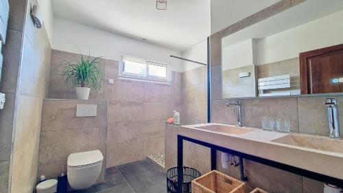 a bathroom with a sink and a toilet at Maison proche Dentelles Ventoux et Avignon in Sarrians