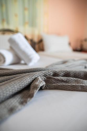 a close up of a blanket on a bed at Pigeon House in Plataria
