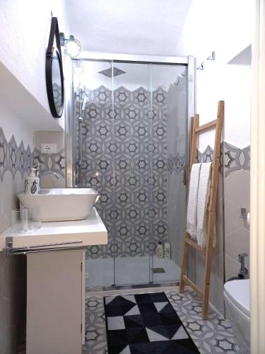 a bathroom with a shower and a sink and a toilet at La casetta di Tano in Morano Calabro
