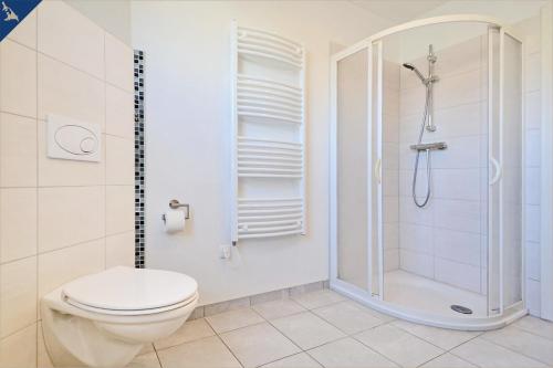 a bathroom with a toilet and a shower at Haus Triade Ferienwohnung Triade 2 in Zinnowitz