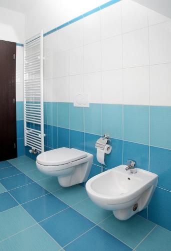 a blue and white bathroom with a toilet and a sink at Pivovar a restaurace Faltus in Česká Třebová
