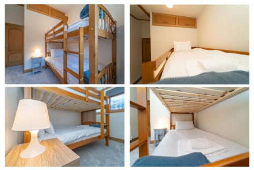 three different views of a room with bunk beds at Spacious 3 Bed Townhouse with Parking in Edinburgh