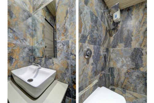 two pictures of a bathroom with a sink and a mirror at Hotel Sion Fort in Mumbai