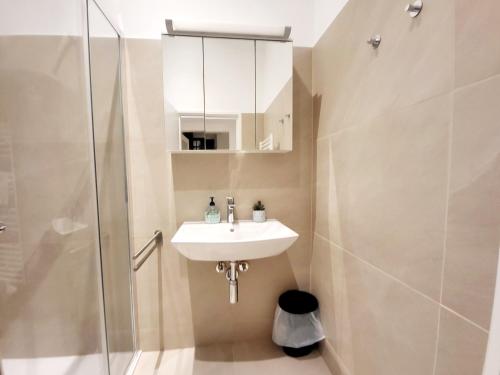 La salle de bains est pourvue d'un lavabo et d'une douche. dans l'établissement Kienmayer Apartment Vienna, à Vienne