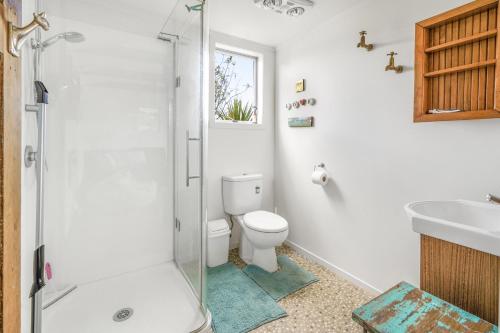 a bathroom with a shower and a toilet and a sink at The Shed - Raglan Holiday Home in Raglan