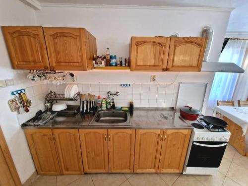 eine kleine Küche mit Holzschränken und einem Waschbecken in der Unterkunft Cozy & Spacious Pamporovo Villa in Stoykite