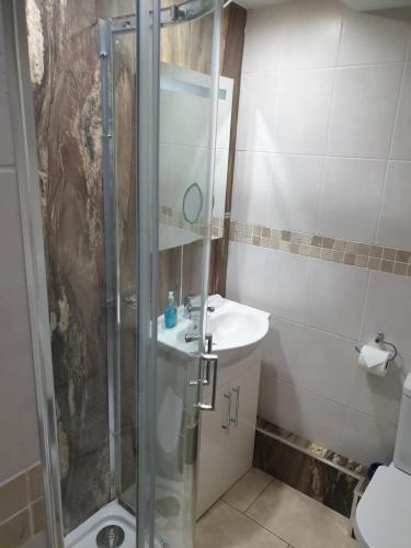 a bathroom with a shower and a sink at 1 bed self catering apartment in Weymouth