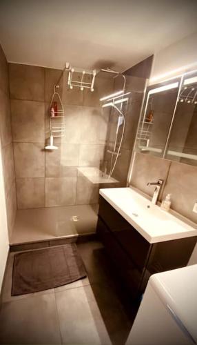 une petite salle de bain avec un lavabo et une douche dans l'établissement Joli appt 6 pers 2ch Belle Plagne pied des pistes, à La Plagne Tarentaise