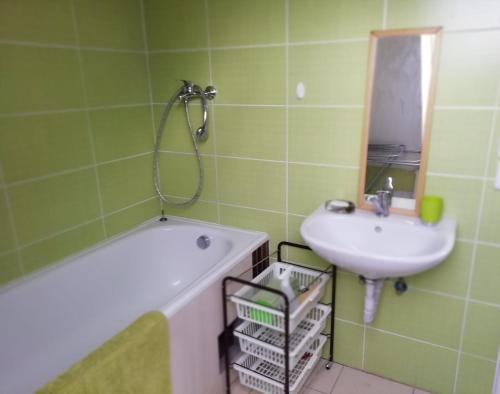 a bathroom with a sink and a bath tub and a sink at Statek u Sýkorky in Ostrov